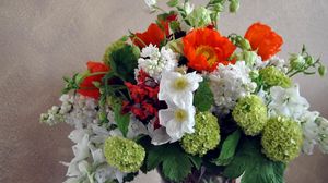 Preview wallpaper daffodils, hydrangea, poppies, lilacs, bouquet, composition, vase
