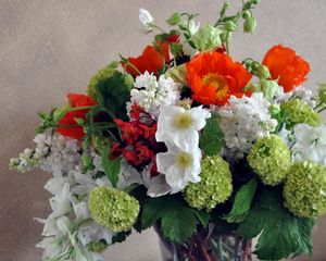 Preview wallpaper daffodils, hydrangea, poppies, lilacs, bouquet, composition, vase