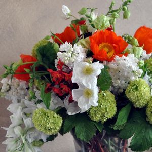 Preview wallpaper daffodils, hydrangea, poppies, lilacs, bouquet, composition, vase