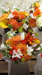 Preview wallpaper dahlias, roses, calla lilies, freesia, bouquets, many, orange