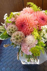 Preview wallpaper dahlias, tea tree, flowers, variety, vase, tray