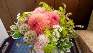 Preview wallpaper dahlias, tea tree, flowers, variety, vase, tray