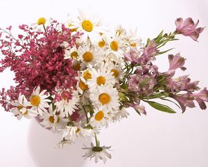 Preview wallpaper daisies, alstroemeria, flowers, bouquet, vase, composition