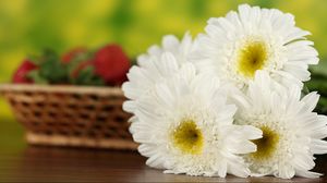 Preview wallpaper daisies, flowers, bouquet, table, basket