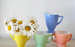 Preview wallpaper daisies, flowers, bouquet, cups, colorful