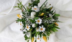 Preview wallpaper daisies, tulips, gypsophila, bouquet, design, tender