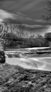 Preview wallpaper dam, river, house, water, black-and-white