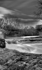 Preview wallpaper dam, river, house, water, black-and-white