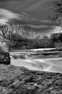 Preview wallpaper dam, river, house, water, black-and-white