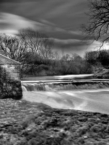 Preview wallpaper dam, river, house, water, black-and-white