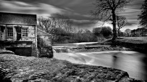 Preview wallpaper dam, river, house, water, black-and-white