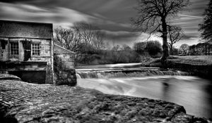 Preview wallpaper dam, river, house, water, black-and-white