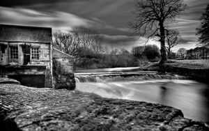 Preview wallpaper dam, river, house, water, black-and-white