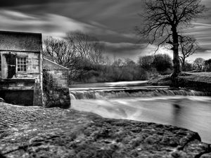 Preview wallpaper dam, river, house, water, black-and-white