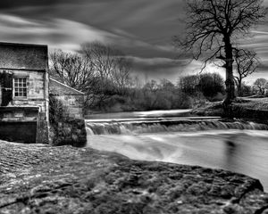 Preview wallpaper dam, river, house, water, black-and-white