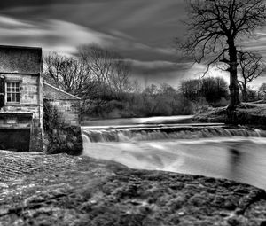 Preview wallpaper dam, river, house, water, black-and-white