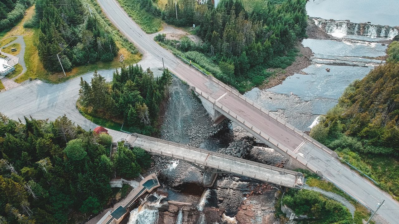 Wallpaper dam, road, aerial view, river, trees