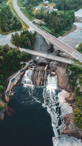 Preview wallpaper dam, road, aerial view, river, trees