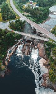 Preview wallpaper dam, road, aerial view, river, trees