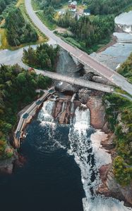 Preview wallpaper dam, road, aerial view, river, trees
