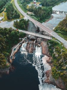 Preview wallpaper dam, road, aerial view, river, trees