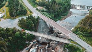 Preview wallpaper dam, road, aerial view, river, trees