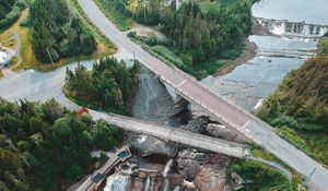 Preview wallpaper dam, road, aerial view, river, trees