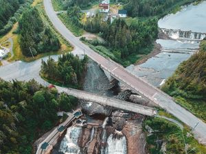 Preview wallpaper dam, road, aerial view, river, trees