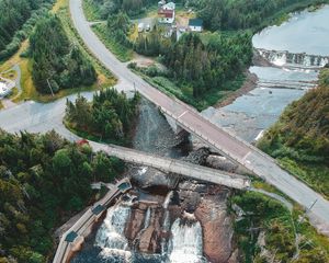 Preview wallpaper dam, road, aerial view, river, trees