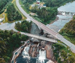 Preview wallpaper dam, road, aerial view, river, trees