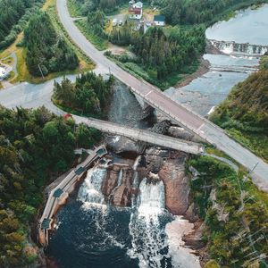 Preview wallpaper dam, road, aerial view, river, trees