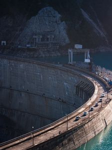 Preview wallpaper dam, road, transport, river, rock