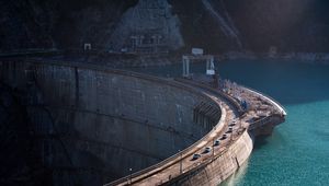 Preview wallpaper dam, road, transport, river, rock