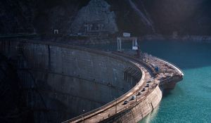 Preview wallpaper dam, road, transport, river, rock