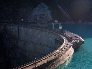 Preview wallpaper dam, road, transport, river, rock