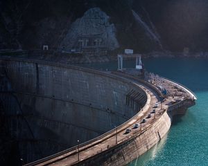 Preview wallpaper dam, road, transport, river, rock