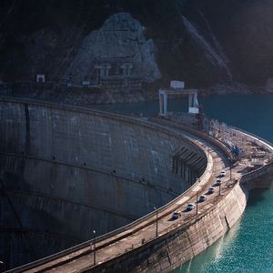 Preview wallpaper dam, road, transport, river, rock