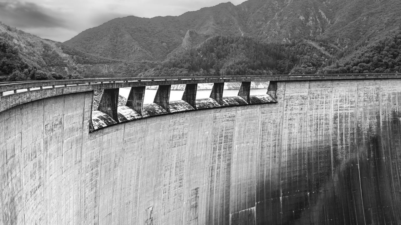 Wallpaper dam, weir, concrete, trees, bw