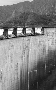 Preview wallpaper dam, weir, concrete, trees, bw