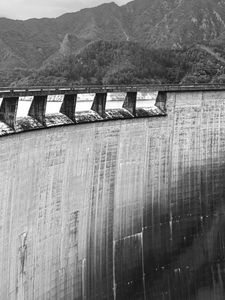 Preview wallpaper dam, weir, concrete, trees, bw