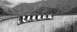 Preview wallpaper dam, weir, concrete, trees, bw