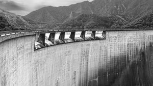 Preview wallpaper dam, weir, concrete, trees, bw