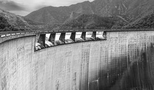 Preview wallpaper dam, weir, concrete, trees, bw