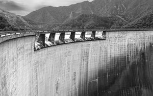 Preview wallpaper dam, weir, concrete, trees, bw