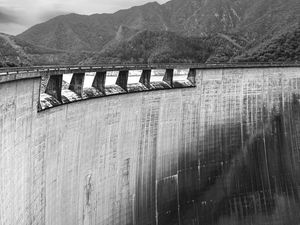 Preview wallpaper dam, weir, concrete, trees, bw