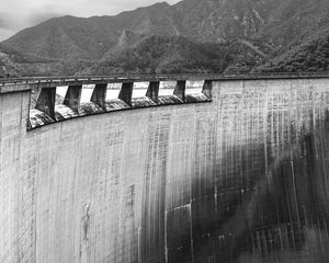 Preview wallpaper dam, weir, concrete, trees, bw