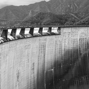 Preview wallpaper dam, weir, concrete, trees, bw