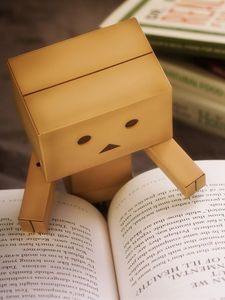 Preview wallpaper danbo, cardboard robot, book, reading