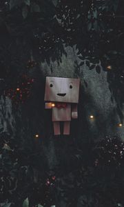 Preview wallpaper danbo, cardboard robot, branches, leaves