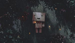Preview wallpaper danbo, cardboard robot, branches, leaves